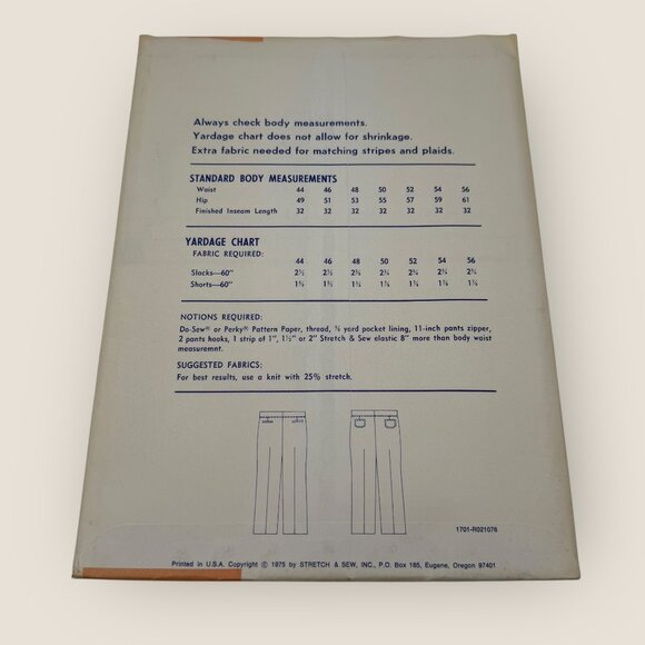 Vintage 1970s Stretch & Sew Sewing Pattern 1701 Mens Slacks & Shorts Size 44-56 - Picture 2 of 2